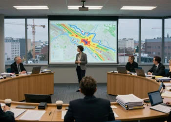 Urbanista presenta mapa de riesgos climáticos en sala municipal con funcionarios locales rodeados de informes y documentos