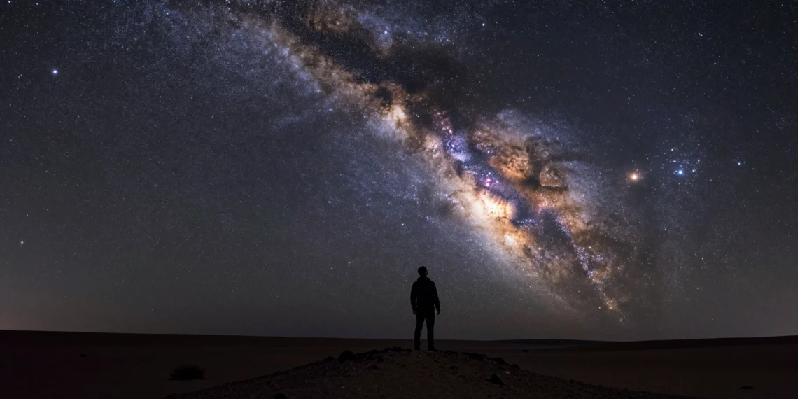 Nuestra galaxia podría ser más grande de lo que pensábamos: los nuevos datos están reescribiendo lo que sabemos sobre la Vía Láctea 1 Silueta humana contemplando la Vía Láctea sobre un desierto de alta montaña en una noche oscura y estrellada