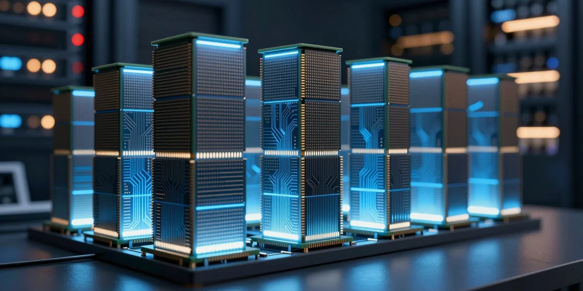 La memoria de un pendrive rediseñada en capas podría desatascar el mayor problema de los sistemas de inteligencia artificial a gran escala 1 Chips de memoria semiconductora apilados en capas verticales con luz azul eléctrica para sistemas de IA
