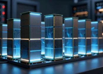 La memoria de un pendrive rediseñada en capas podría desatascar el mayor problema de los sistemas de inteligencia artificial a gran escala 2 Chips de memoria semiconductora apilados en capas verticales con luz azul eléctrica para sistemas de IA