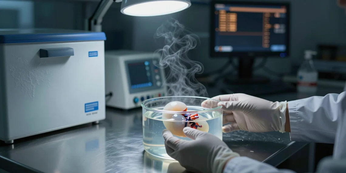 Décadas intentando conservar órganos fuera del cuerpo: la ciencia por fin empieza a ganar esa batalla 1 Científico sostiene un riñón humano en solución de preservación dentro de un laboratorio biomédico nocturno