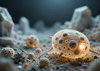 Llevan siglos preguntándose qué separa a los seres vivos de la materia inerte, y la respuesta más incómoda apunta a algo llamado "agencia" 5 Célula viva bioluminiscente junto a estructuras minerales inertes, ilustrando la frontera entre vida y materia inerte