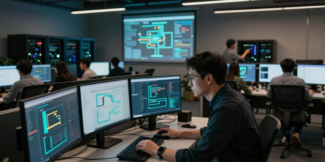 Agentes de IA en la empresa: por qué el modelo de lenguaje es solo el principio de un problema mucho mayor 1 Ingeniero analizando diagramas de orquestación y flujos de datos en un centro de operaciones tecnológicas empresarial