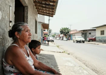 Mujer mayor y niño buscando sombra en una calle urbana de América Latina durante una ola de calor extremo