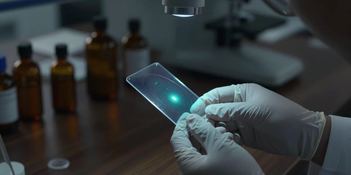 Moléculas que brillan solo cuando se juntan: el hallazgo accidental que desafió un siglo de fotofísica 1 Científico sostiene placa de cromatografía bajo luz UV con punto brillante azul-verde, hallazgo accidental en fotofísica