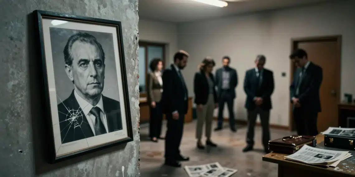Militantes que lloraban su nombre ahora no pueden defenderle: el colapso del mito Zapatero sacude al PSOE desde dentro 1 Sede del PSOE en penumbra con retrato enmarcado agrietado de figura política y militantes cabizbajos al fondo