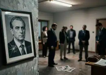 Sede del PSOE en penumbra con retrato enmarcado agrietado de figura política y militantes cabizbajos al fondo