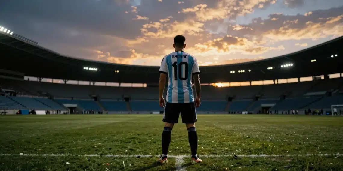 Del City al Atlético y ahora al límite: el camino de Julián Álvarez hacia el Barça entra en su recta final 1 Jugador de fútbol de espaldas con la camiseta de Argentina en el centro de un estadio vacío al atardecer
