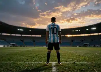 Jugador de fútbol de espaldas con la camiseta de Argentina en el centro de un estadio vacío al atardecer