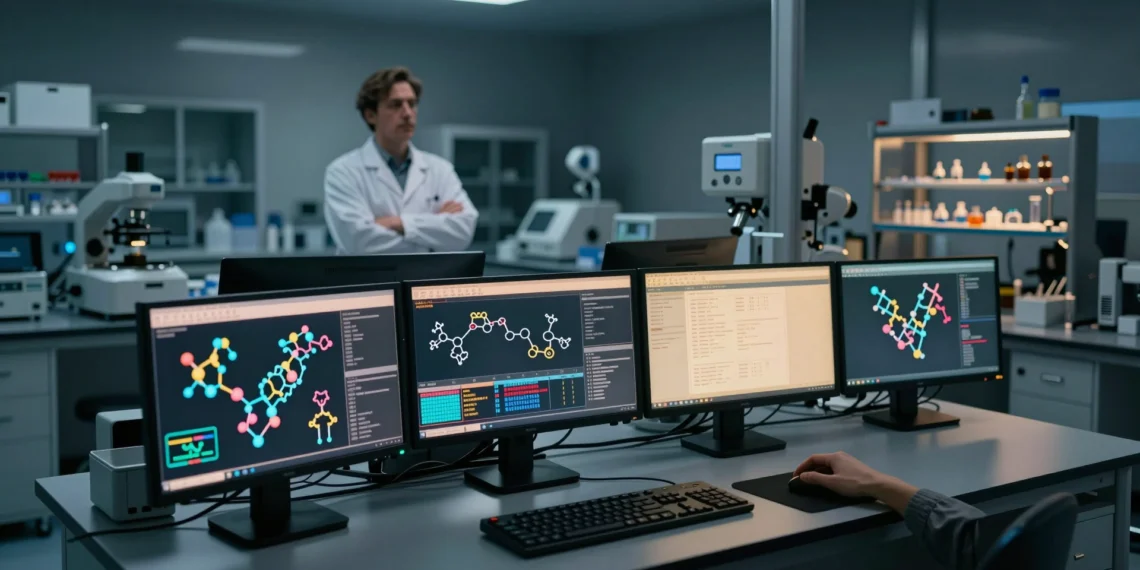Claude, la inteligencia artificial de Anthropic, ya tiene su propio laboratorio: así funciona Claude Science 1 Laboratorio farmacéutico con IA mostrando estructuras moleculares en pantallas y científico observando en segundo plano