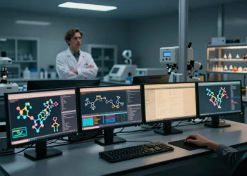 Claude, la inteligencia artificial de Anthropic, ya tiene su propio laboratorio: así funciona Claude Science 6 Laboratorio farmacéutico con IA mostrando estructuras moleculares en pantallas y científico observando en segundo plano