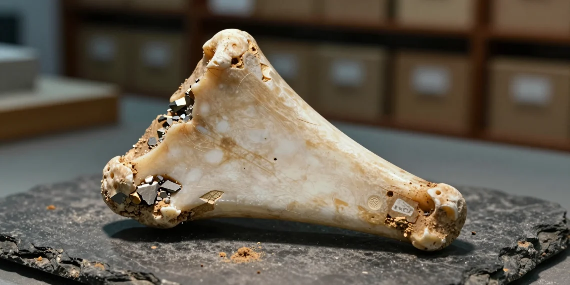 Hallado en Inglaterra el martillo de hueso de elefante más antiguo de Europa, con casi 500.000 años de antigüedad 1 Fragmento óseo de elefante de 500.000 años con marcas de impacto sobre bandeja de pizarra en laboratorio arqueológico