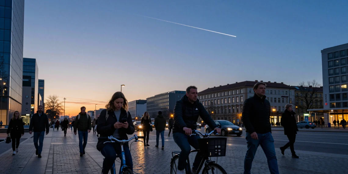 Satélites sobre tu cabeza, datos que cambian tu día: lo que la ESA hace por la vida en la Tierra sin que casi nadie lo sepa 1 Viajeros en una plaza empedrada europea al amanecer bajo un cielo con rastro de satélite, usando móvil y navegación GPS