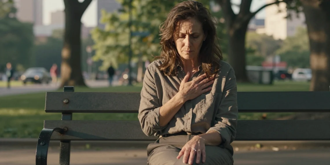Salud mental y física son dos caras de la misma moneda: la ciencia lleva siglos intentando demostrar por qué no puedes tener una sin la otra 1 Mujer madura en un banco del parque con la mano sobre el pecho, reflexionando sobre el bienestar mental y físico