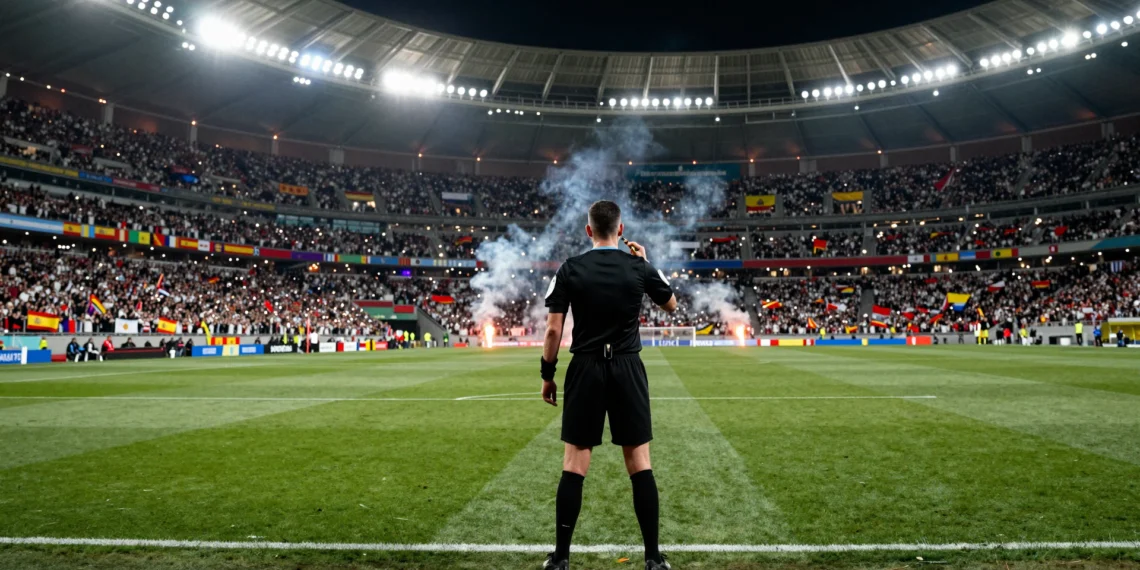 Slavko Vincic, el árbitro de la gran final: una redada antimafia, la 'ley Vinicius' y un historial sin derrotas con España 1 Árbitro de élite en el centro del campo de un estadio lleno bajo los focos nocturnos, con el silbato dorado en los labios