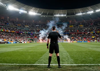 Árbitro de élite en el centro del campo de un estadio lleno bajo los focos nocturnos, con el silbato dorado en los labios