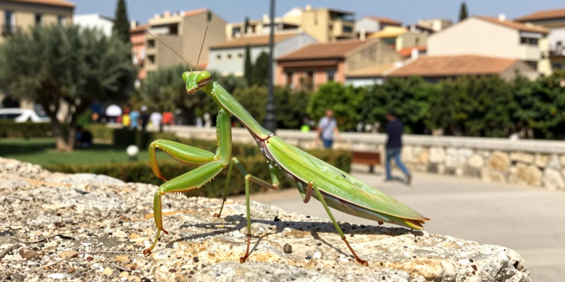 Dos mantis gigantes asiáticas avanzan sin freno por Europa y los científicos ya las han declarado invasoras 1 Mantis gigante asiática (Hierodula) sobre muro de piedra en parque urbano mediterráneo bajo sol intenso