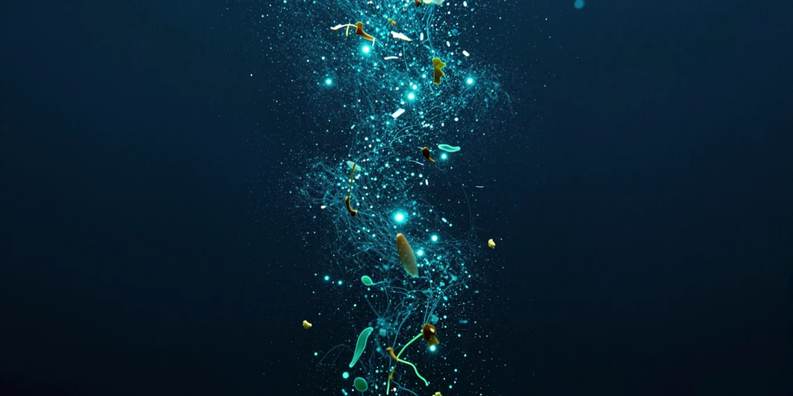 Las profundidades del océano esconden una fuente de alimento que los científicos nunca habían detectado, y podría cambiar cómo entendemos el clima 1 Nieve marina bioluminiscente cayendo en el océano abismal, partículas orgánicas translúcidas en aguas oscuras