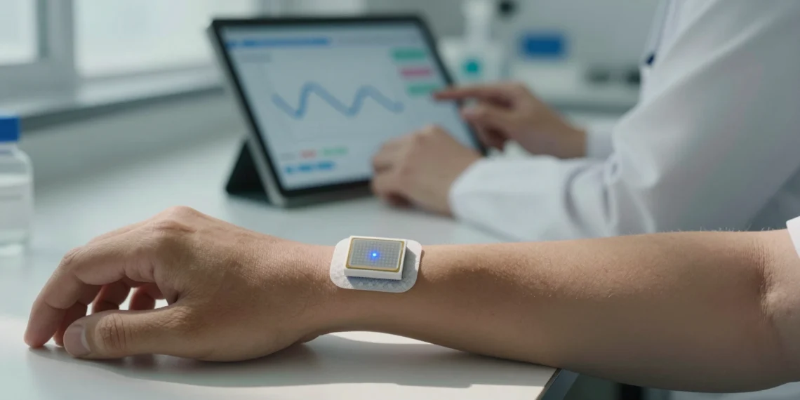 Midiendo el cortisol en tiempo real desde la piel: el parche que podría cambiar cómo entendemos el estrés y el metabolismo 1 Parche biosensor en el antebrazo midiendo cortisol en tiempo real con investigador al fondo