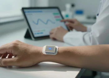Midiendo el cortisol en tiempo real desde la piel: el parche que podría cambiar cómo entendemos el estrés y el metabolismo 5 Parche biosensor en el antebrazo midiendo cortisol en tiempo real con investigador al fondo
