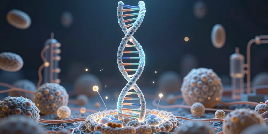 Biología molecular: la ciencia que descifra la vida desde dentro de cada célula y está cambiando la medicina, la agricultura y la justicia 1 Interior de una célula viva con hélices de ADN brillantes en azul eléctrico rodeadas de ribosomas y estructuras moleculares