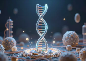Biología molecular: la ciencia que descifra la vida desde dentro de cada célula y está cambiando la medicina, la agricultura y la justicia 1 Interior de una célula viva con hélices de ADN brillantes en azul eléctrico rodeadas de ribosomas y estructuras moleculares
