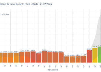 Precio de la luz hoy 21 de julio de 2026. Aprovecha las horas más baratas 2 Gráfico de precios de la luz por horas para el Martes 21 de Julio de 2026