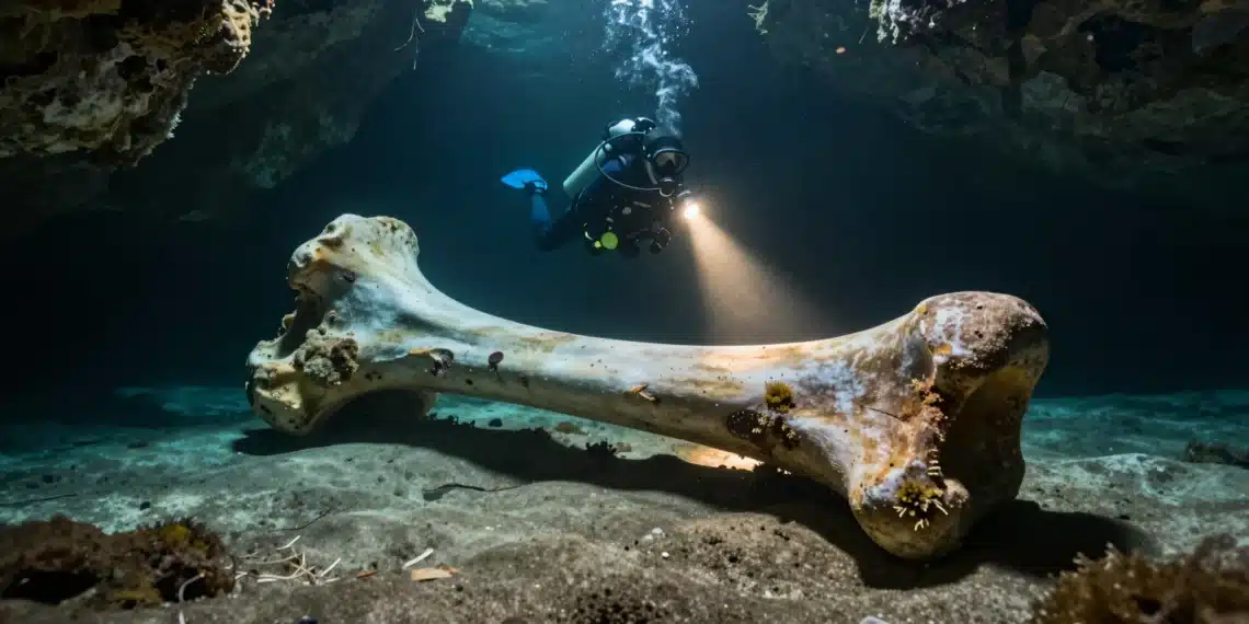 Huesos sumergidos en cuevas australianas guardan huellas ocultas que podrían revelar el misterio de los gigantes extintos 1 Buceador iluminando un gran hueso de megafauna prehistórica en el suelo de una cueva submarina en Australia del Sur