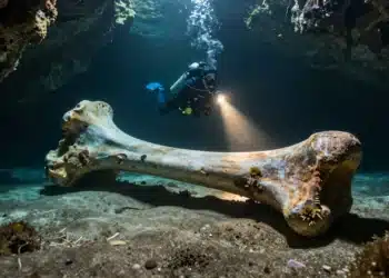 Huesos sumergidos en cuevas australianas guardan huellas ocultas que podrían revelar el misterio de los gigantes extintos 3 Buceador iluminando un gran hueso de megafauna prehistórica en el suelo de una cueva submarina en Australia del Sur