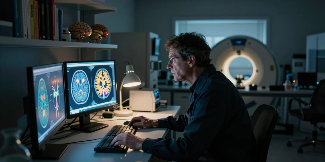 Dentro del cerebro que piensa: la ciencia que une neuronas y pensamiento lleva décadas reescribiendo lo que sabemos sobre la mente 1 Científico en laboratorio de neurociencia observando imágenes cerebrales en 3D sobre monitor luminoso con luz azul tenue