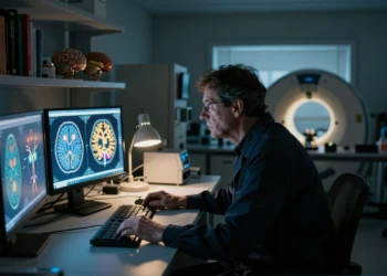 Dentro del cerebro que piensa: la ciencia que une neuronas y pensamiento lleva décadas reescribiendo lo que sabemos sobre la mente 3 Científico en laboratorio de neurociencia observando imágenes cerebrales en 3D sobre monitor luminoso con luz azul tenue