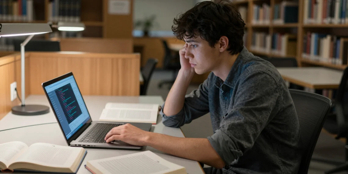 La IA está redefiniendo lo que significa ser ingeniero, y las universidades aún no saben cómo enseñarlo 1 Joven ingeniero pensativo ante un portátil con IA en biblioteca universitaria, entre libros de ingeniería y luz de lámpara