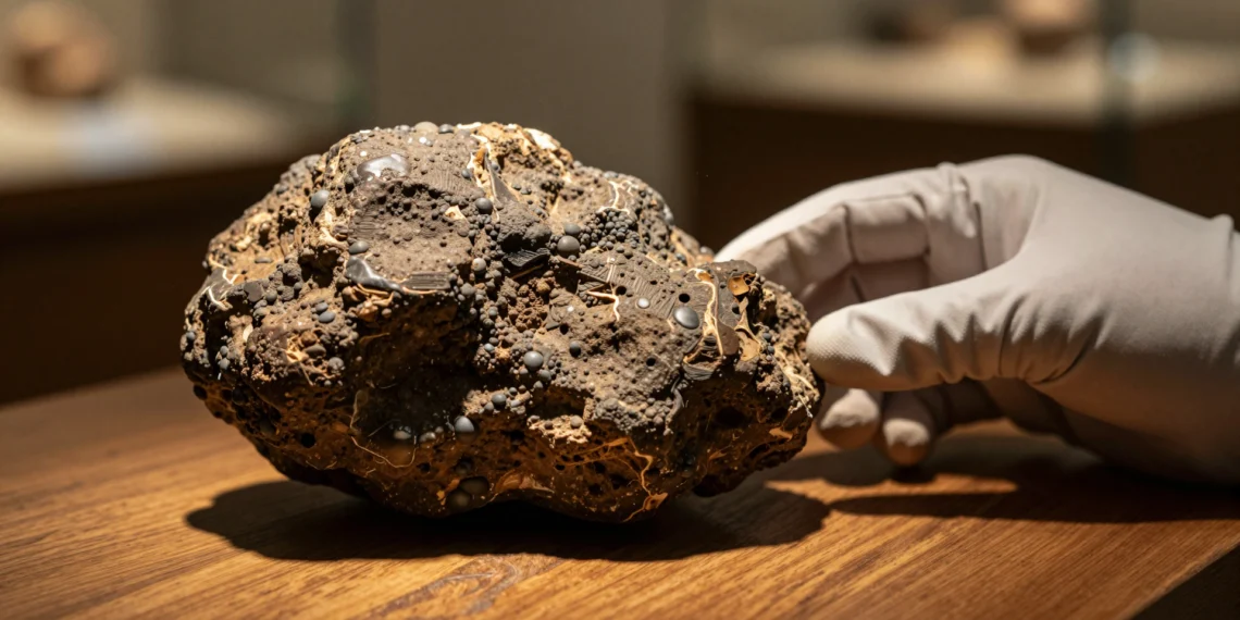Excrementos fosilizados de hace millones de años guardan pistas inesperadas sobre lo que comían los depredadores prehistóricos 1 Mano enguantada sosteniendo un coprolito fosilizado marrón oscuro sobre mesa de madera en museo de historia natural