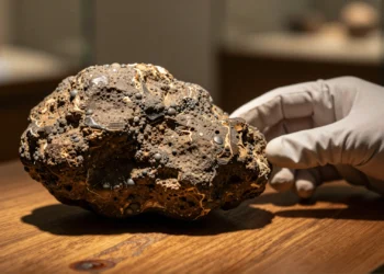 Excrementos fosilizados de hace millones de años guardan pistas inesperadas sobre lo que comían los depredadores prehistóricos 5 Mano enguantada sosteniendo un coprolito fosilizado marrón oscuro sobre mesa de madera en museo de historia natural