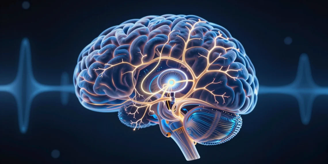 Dentro del cerebro dormido: la neurociencia revela por qué el sueño hace mucho más que descansar el cuerpo 1 Cerebro humano translúcido flotando en la oscuridad con vías neurales bioluminiscentes en azul índigo y dorado