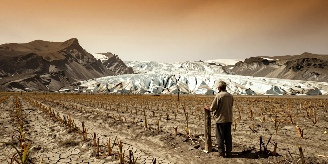 Glaciares que se derriten, cosechas en peligro y mares que suben: el largo camino hacia un planeta más caliente 1 Agricultor frente a campo agrietado por la sequía con glaciar en retroceso al fondo bajo un cielo ámbar