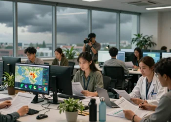 Earth.Org revela el modelo editorial que convierte a más de un millón de lectores en ciudadanos informados sobre la crisis climática 1 Redacción moderna con periodistas analizando datos climáticos en pantallas, con nubes de tormenta al fondo
