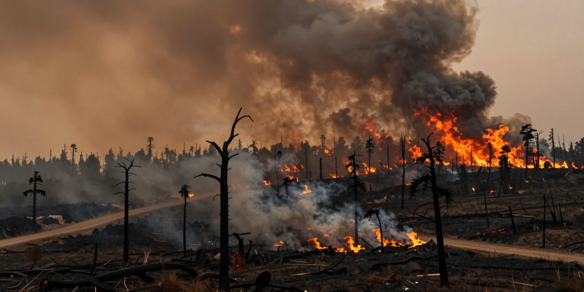 Más calor, más sequía y más fuego: los incendios forestales llevan décadas transformando el planeta de una forma que pocos anticipaban 1 Bosque en llamas al atardecer con árboles carbonizados y cielo naranja por un incendio forestal