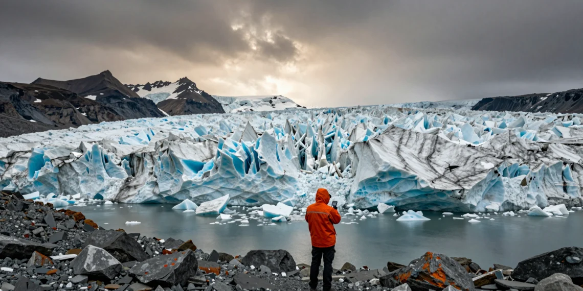Desde la Revolución Industrial, el clima de la Tierra ha cambiado a una velocidad que ningún ciclo natural explica por sí solo 1 Científico climático frente a un glaciar en retroceso con lago glaciar y roca expuesta, bajo un cielo tormentoso