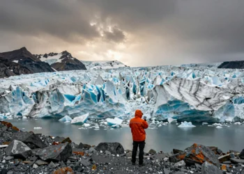 Desde la Revolución Industrial, el clima de la Tierra ha cambiado a una velocidad que ningún ciclo natural explica por sí solo 3 Científico climático frente a un glaciar en retroceso con lago glaciar y roca expuesta, bajo un cielo tormentoso