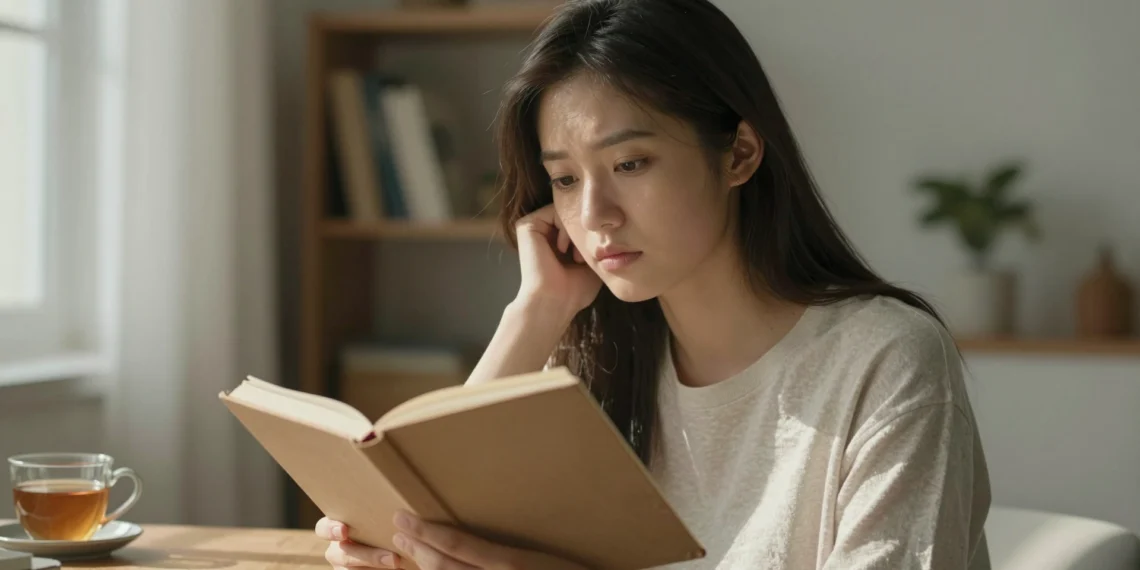 Frases sobre salud mental que no son positividad vacía: la psicología explica cuándo y por qué cambian algo real en tu mente 1 Mujer joven reflexionando con un diario abierto junto a una ventana iluminada, evocando introspección y salud mental