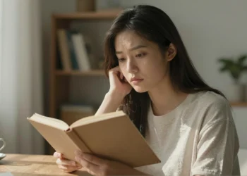 Frases sobre salud mental que no son positividad vacía: la psicología explica cuándo y por qué cambian algo real en tu mente 1 Mujer joven reflexionando con un diario abierto junto a una ventana iluminada, evocando introspección y salud mental