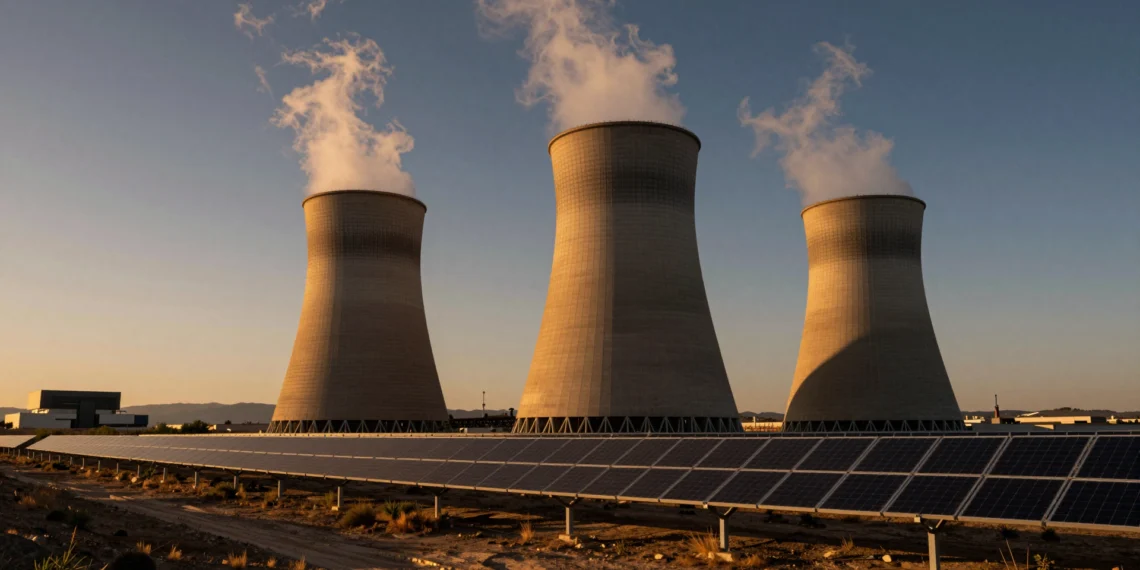 España lleva años apostando por las renovables, pero una cadena de crisis energéticas ha puesto en pausa el cierre de sus centrales nucleares 1 Torres de refrigeración de central nuclear junto a campo de paneles solares fotovoltaicos en Extremadura al atardecer