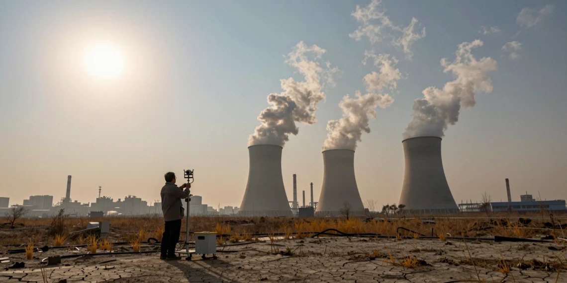Décadas de datos desmienten una de las explicaciones más repetidas sobre el calentamiento del planeta 1 Científico midiendo gases atmosféricos junto a torres industriales humeantes y tierra agrietada bajo un cielo cargado de smog