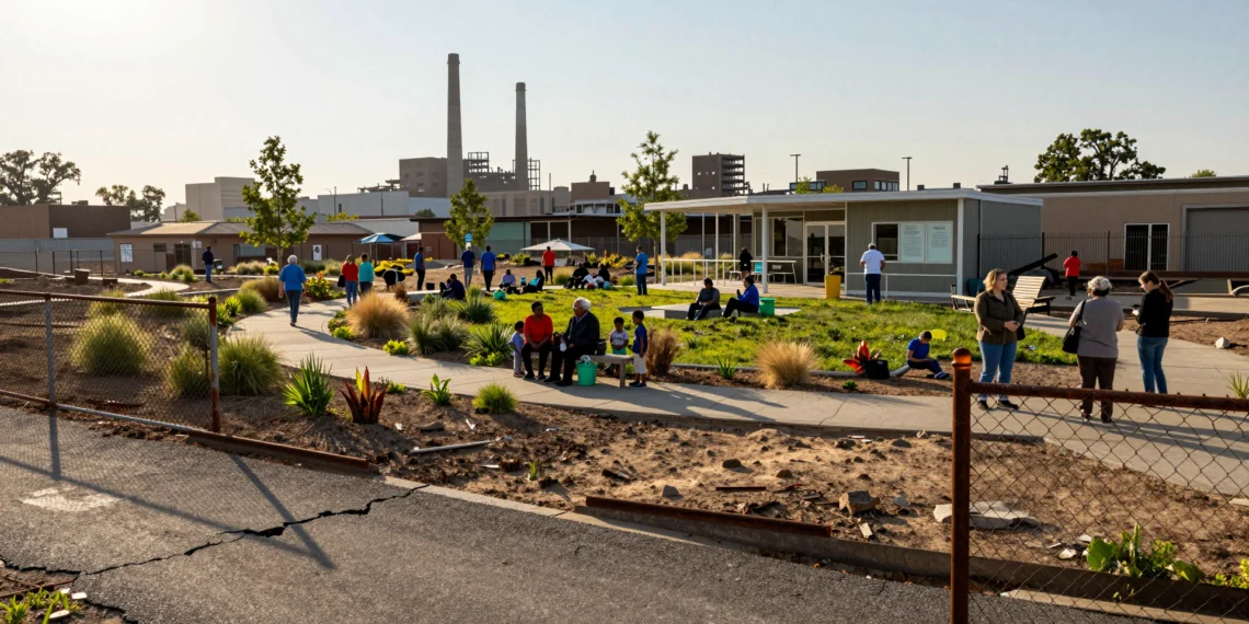 De vertedero a vecindario: cómo ciudades de EE. UU. están recuperando sus terrenos más olvidados 1 Parque comunitario sobre antiguo vertedero industrial en EE. UU. con vecinos al atardecer