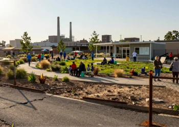 De vertedero a vecindario: cómo ciudades de EE. UU. están recuperando sus terrenos más olvidados 5 Parque comunitario sobre antiguo vertedero industrial en EE. UU. con vecinos al atardecer