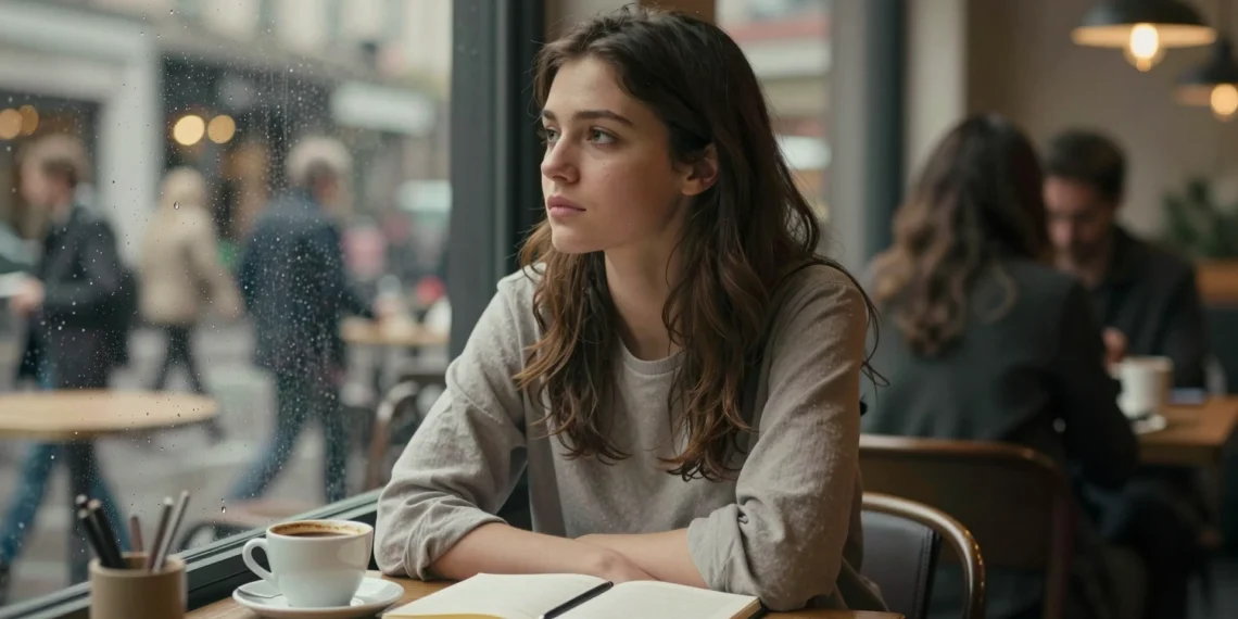 Casi la mitad de nuestro tiempo lo pasamos pensando en otra cosa: así afecta eso a tu equilibrio emocional 1 Mujer joven pensativa en una cafetería, con la mirada perdida hacia la ventana, evocando la mente divagante