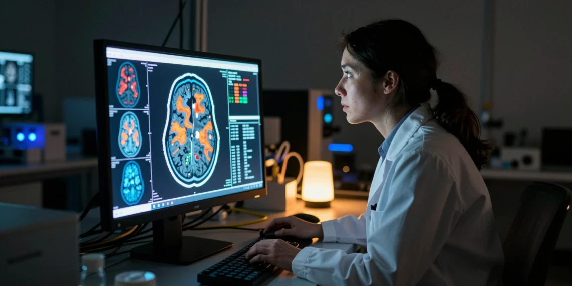 De laboratorio al mundo real: la neurociencia redefine cómo aprendemos, decidimos y nos curamos 1 Neurocientífica observa un escáner fMRI cerebral en colores vivos en un laboratorio de investigación a oscuras