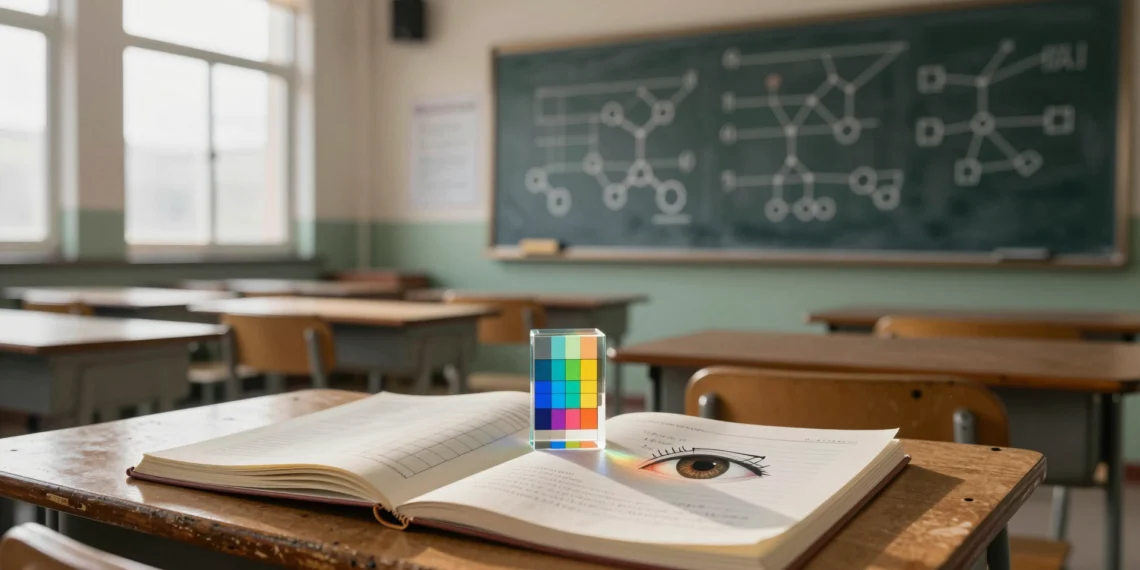 Color de ojos, grupos sanguíneos y rasgos heredados: lo que aprendiste en el colegio sobre genética no era del todo exacto 1 Aula de ciencias con libro de biología abierto en cuadros de Punnett, prisma de luz y ojos ilustrados sobre papel