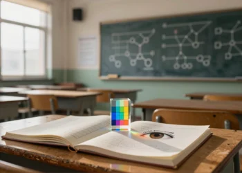 Color de ojos, grupos sanguíneos y rasgos heredados: lo que aprendiste en el colegio sobre genética no era del todo exacto 9 Aula de ciencias con libro de biología abierto en cuadros de Punnett, prisma de luz y ojos ilustrados sobre papel
